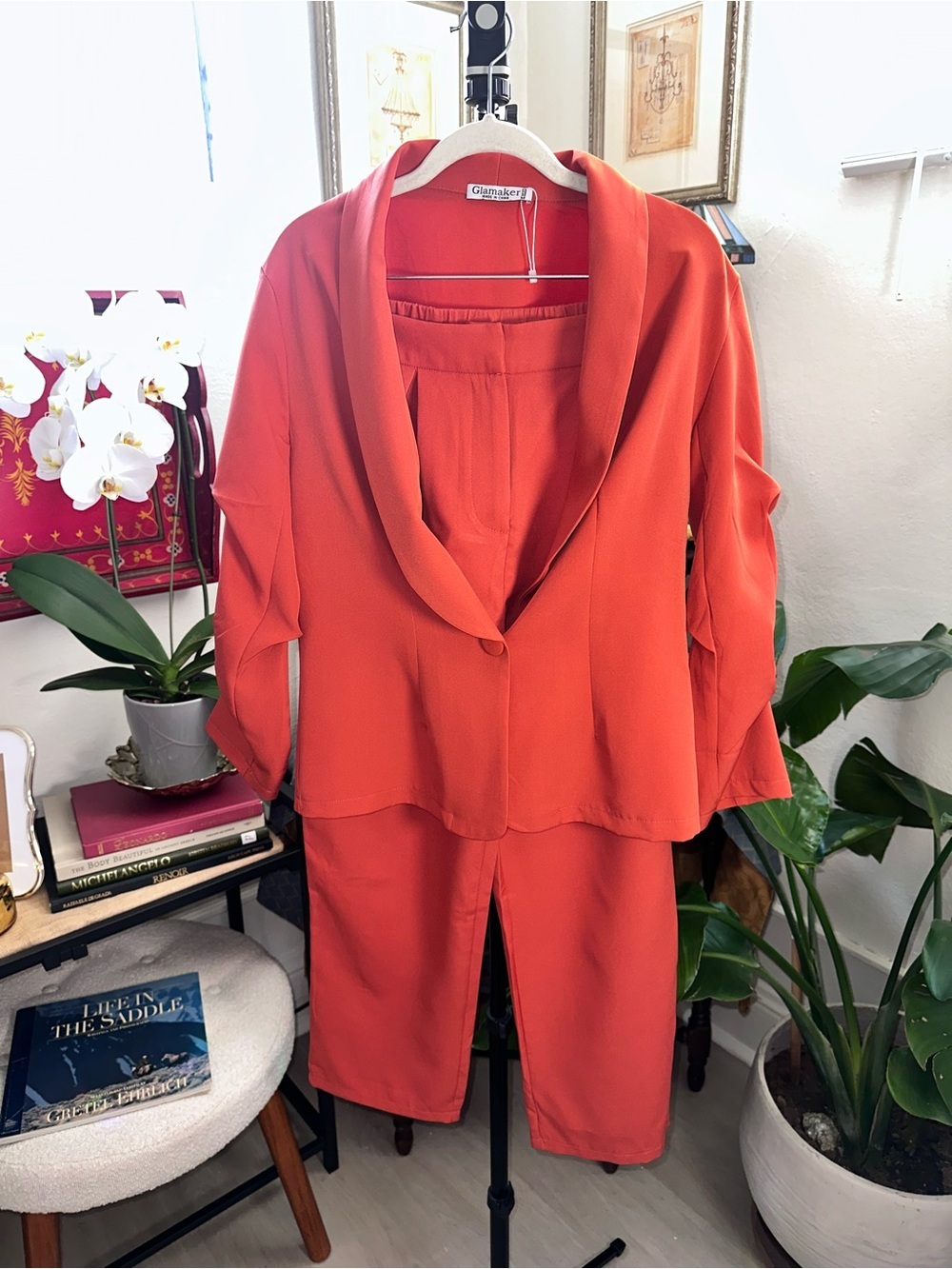 Glamaker Women's Orange Shawl Collar Blazer